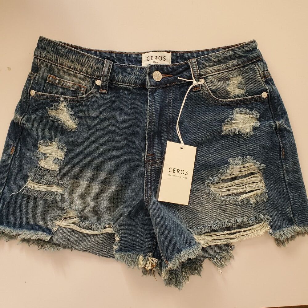 Ceros Denim Shorts size 1/25 Cut off Destroyed Distressed Mid Rise 5 Pocket NEW